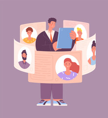 Man hiring workers. Online cv flow, businessman choose people. Person need work, modern recruitment service. Guy looking team utter vector scene