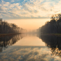 misty red morning on the autumn lake