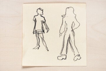 sketch of fashionable silhouette of women of the 60s and the 70s of the XX century hand drawn with...