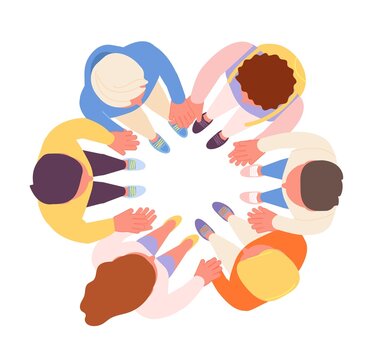 Diversity community. Round team, society hugging or start new project. Friends stand in circle and touch hands, isolated human solidarity utter vector scene