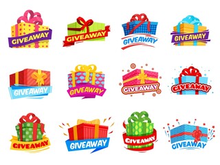 Giveaway banners. Box winner sticker, event gift with ribbon bow. Winners announcement, cartoon ad signs. Game prize giving, recent vector collection
