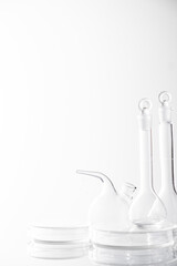 Background for branding and product presentation. Empty сhemical, biological science laboratory glassware collection .