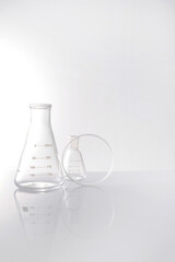Background for branding and product presentation. Empty сhemical, biological science laboratory glassware collection .