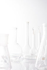 Background for branding and product presentation. Empty сhemical, biological science laboratory glassware collection .