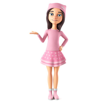 Cartoon character girl in pink clothes holds a novelty on an empty palm. 3d render illustration.