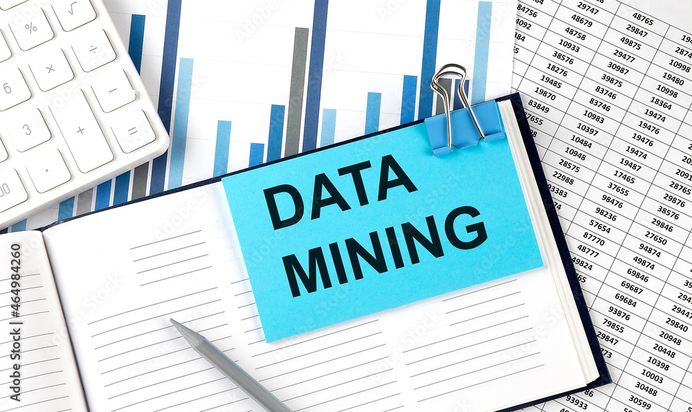 Poster data mining text on blue sticker on the chart background near calculator