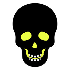 Human skull. Silhouette with glowing eyes. Vector illustration. Jaw with straight teeth. Hollows instead of eyes and nose. An integral part of the skeleton. Bone frame of the head. 
