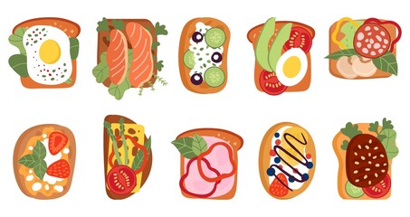 Healthy toasts. Bread toast lunch, snack meal with berry, avocado, sausage and tomatoes. Tasty breakfast sandwiches top view, decent vector kit - obrazy, fototapety, plakaty