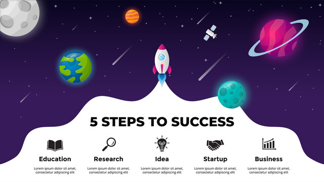 Universe background. Startup vector Infographic. Rocket launch into space. Presentation slide template. Business success diagram chart. 5 steps.