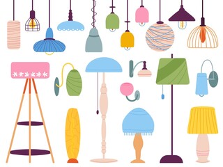 Home light elements. Lantern and lamps, interior lamp design. Contemporary sketch chandelier, modern art pendants. Furniture decent vector set