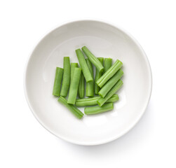 Chopped Green Beans In White Bowl Isolated