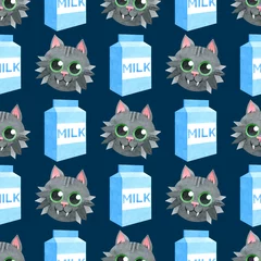 Fotobehang A seamless pattern of funny black cats and cardboard boxes of milk. Creative children's texture. Watercolor illustrations on a dark background. For fabric, baby textile, website, wallpaper, packaging. © Мария Гольцова