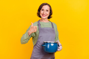 Portrait of attractive cheerful grey-haired woman making homemade dish showing thumbup isolated over bright yellow color background