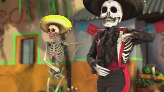 Seamless animation mariachi skeleton salsa dancing in a mexican village with skeletons. Funny character dressed up  for The Day of Dead holiday with hat, makeup and costume.