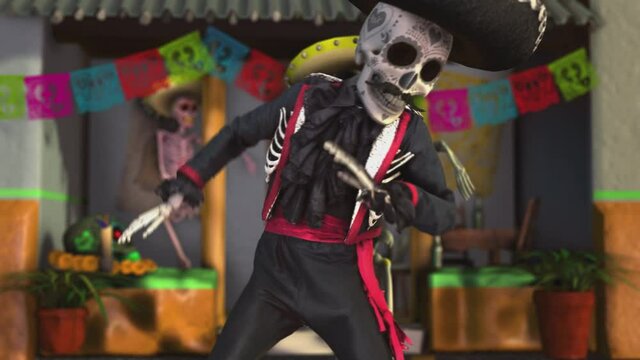 Seamless animation mariachi skeleton salsa dancing in a mexican village with skeletons. Funny character dressed up  for The Day of Dead holiday with hat, makeup and costume.