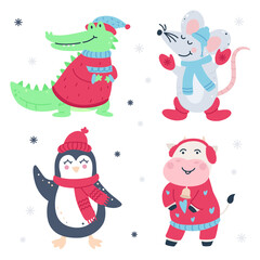 Set of animals in winter sweaters.