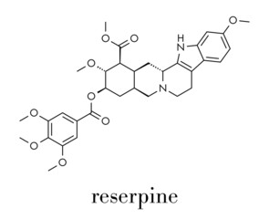 Reserpine alkaloid molecule. Isolated from Rauwolfia serpentina (Indian snakeroot). Skeletal formula.