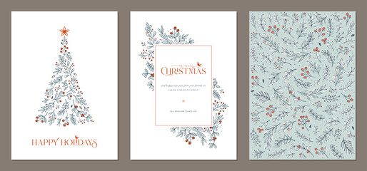Ornate Corporate Holiday cards with Christmas tree, bird, decorative floral frame, background and copy space. Universal artistic templates. 