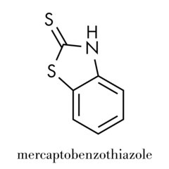 Mercaptobenzothiazole (MBT) skin sensitizer molecule. Used as rubber vulcanising agent. Skeletal formula.