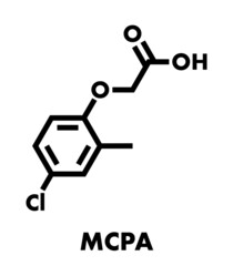 MCPA (2-methyl-4-chlorophenoxyacetic acid) herbicide molecule. Skeletal formula.