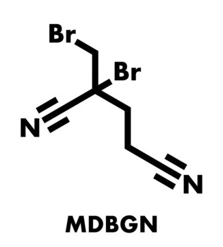 Methyldibromo glutaronitrile preservative molecule. Common allergen causing allergic contact dermatitis. Skeletal formula.