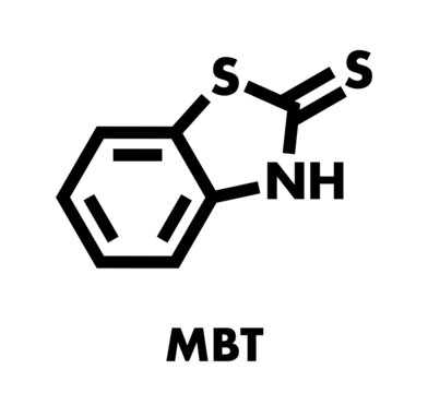 Mercaptobenzothiazole (MBT) skin sensitizer molecule. Used as rubber vulcanising agent. Skeletal formula.