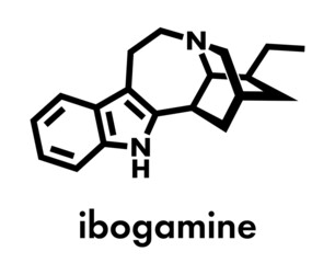 Ibogamine alkaloid molecule, found in Tabernanthe iboga. Skeletal formula.