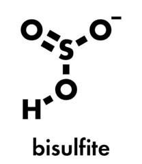 Bisulfite anion, chemical structure. Common salts include sodium bisulfite (E222) and potassium bisulfite (E228), used as food preservatives. Skeletal formula.