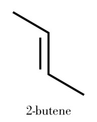 2-butene (trans, E-form) molecule. Common petrochemical. Skeletal formula.