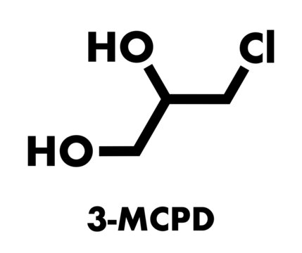 3-MCPD carcinogenic food by-product molecule. Produced when hydrochloric acid is added to food to speed up protein hydrolysis. Skeletal formula.