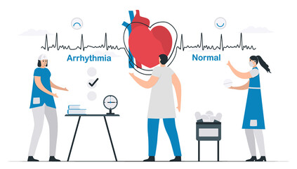 The arrhythmia signal is diagnosed and treated to become a normal signal. Cardiology vector illustration. Flat deign isolated on white background.