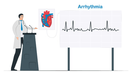 Cardiology vector illustration. This heart disease problem is arrhythmia. Diagnostic and analysis of failure system of periodic signal.