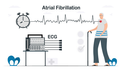 An electrocardiogram was used to analyse for atrial fibrillation problem. Cardiology vector illustration in flat style.