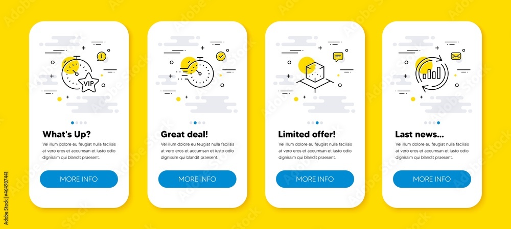 Poster vector set of vip timer, timer and augmented reality line icons set. ui phone app screens with line 