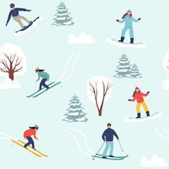 Seamless pattern with men, women performing winter activities. Backdrop with people dressed in outerwear skiing, snowboardingSeasonal flat vector illustration. flat.