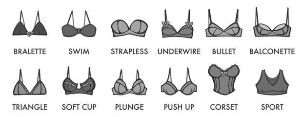 Different bra models, women clothes top collection - obrazy, fototapety, plakaty