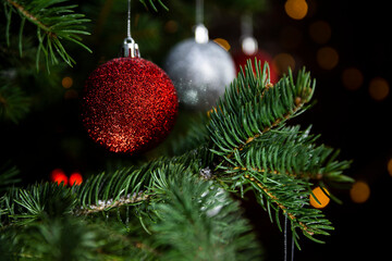 Christmas decoration and ornaments closeup on a Christmas tree