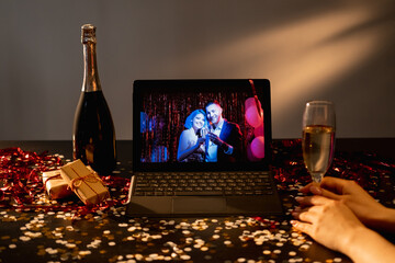 Virtual birthday. Festive greeting. Online party. Happy couple on tablet computer congratulating...