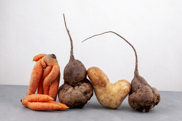 Different Ugly vegetables, side view, close-up. Organic food waste.