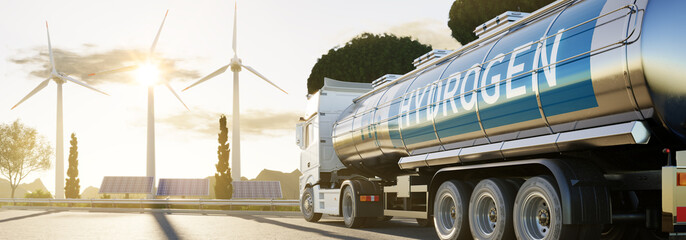 Truck on road with H2 Hydrogen logo. Renewable or sustainable electricity. Clean alternative ecological energy. 3D rendering. - obrazy, fototapety, plakaty