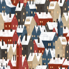 Seamless pattern with hand drawn textured houses. Cute old town, perfect for winter wrapping paper or fabric.