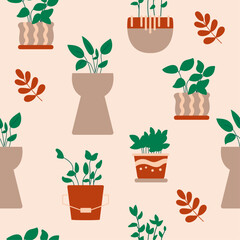 Illustration of potted house plants seamless pattern