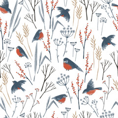 Seamless pattern with hand drawn winter bullfinch birds and forest herbs. Stylish illustration, perfect for winter wrapping paper or fabric. - 464989650