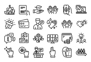Vector set of Leaf, Business idea and Freezing click line icons set. Calendar report, Money wallet and Credit card tag. Parcel invoice, Face biometrics and Friends chat icons. Vector