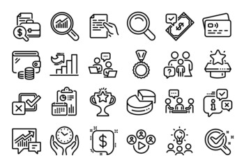 Vector set of Search, Winner podium and Hold document line icons set. Calendar report, Money wallet and Credit card tag. Business idea, Medal and Accepted payment icons. Vector