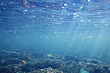 Fototapeta na wymiar sun rays under water blue ocean background, abstract sun light in water wallpaper