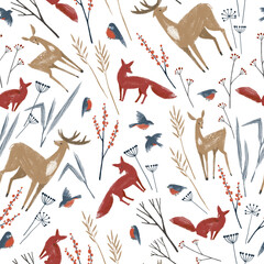 Seamless pattern with hand drawn winter forest herbs and forest animals. Stylish illustration, perfect for winter wrapping paper or fabric.