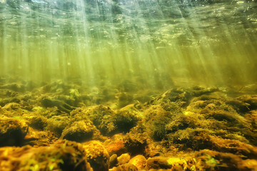sun rays under water landscape, seascape fresh water river diving