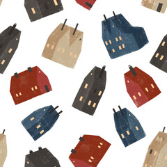 Seamless pattern with hand drawn textured houses. Random flying houses, perfect for winter wrapping paper or fabric.