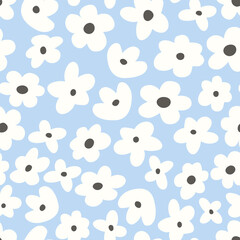 Colorful seamless vector pattern with cartoon flowers. Cute groovy elements, fun modern illustration, midcentury art